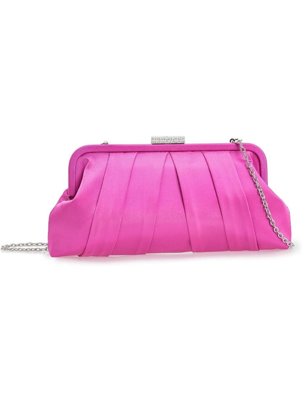 Women's Hot Pink Classic Pleated Satin Clutch Purse Diamante Formal Evening Bag